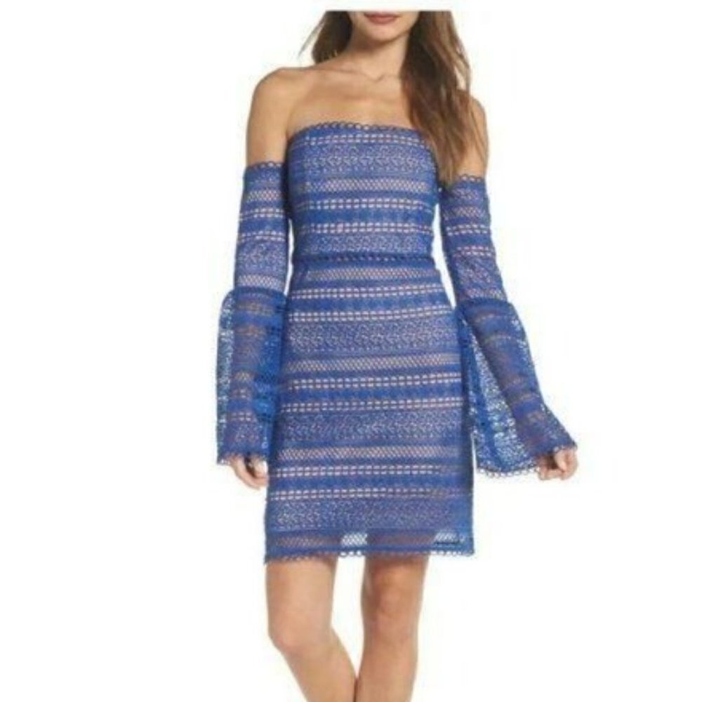 Foxiedox Catalina Crochet Lace Off Shoulder Dress Blue Sz Small Bell Sleeves